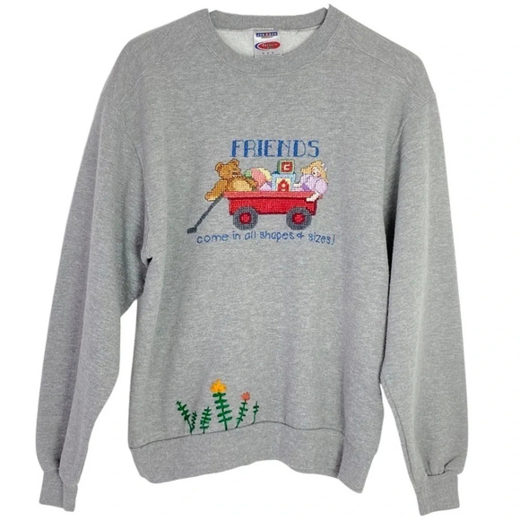 Vintage 90s Handmade Cross Stitch Nerdy Crewneck Pullover Sweatshirt Medium Gray - Picture 1 of 13